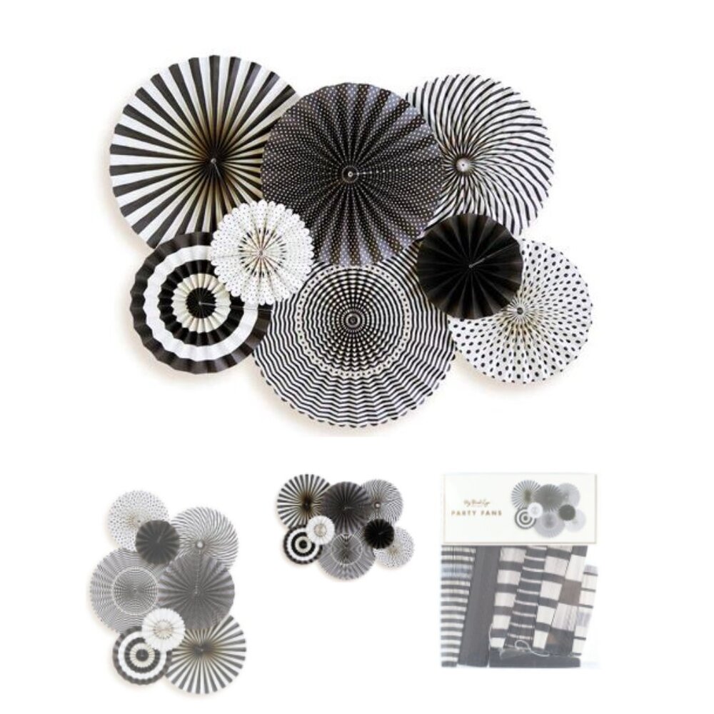 Fancy Party Fans Rosette Pinwheels Black & Ivory/White, (6) Fans